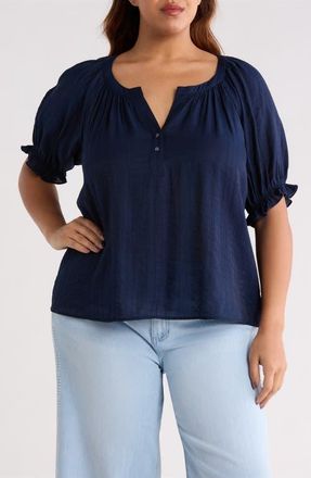 Liverpool L.A. Crinkled Puff Sleeve Top in Navy at Nordstrom, Size 1X