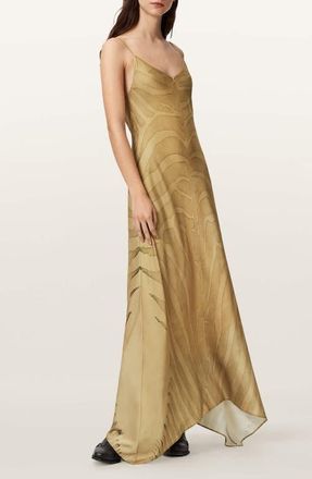 AllSaints Leona Handkerchief Hem Maxi Slipdress in Zebra Sand Gold at Nordstrom, Size 12 Us
