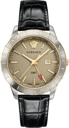 Versace Herenhorloge Zwart Leer Goud Zilver GMT - Heren - Horloges - Grijs - ONE Size - Leer - Accessoires