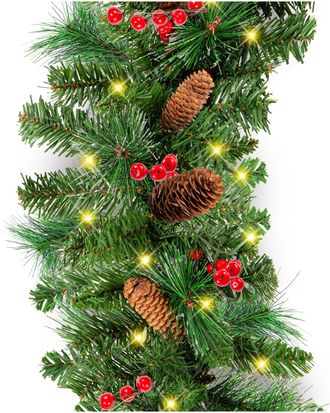 Best Choice Products 9ft Pre-Lit Pre-Decorated Garland w/ PVC Branch Tips, 50 Lights, Pine Cones, Berries