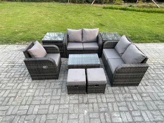 Fimous 7 Seater High Back Rattan Garden Furniture Set with Loveseat Sofa Coffee Table 2 Small Footstools 2 Side Tables Indoor Outdoor Lounge Sofa Set