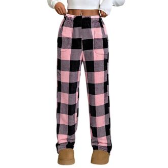 Generic Womens Plush Fleece Lounge Pants, High-Waisted Drawstring Pyjama Bottoms with Pockets | Soft Flannel Check & Solid Fleece Trousers for Ladies Homewear