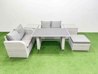 Fimous 6 Pieces Outdoor PE Rattan Sofa Set with 2 Side Tables Big Stool in Light Grey