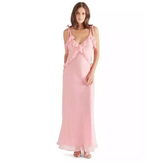 Steve Madden Adalina Maxi Dress Womens Pink Ruffle Tie Shoulder V-Neck PAL53