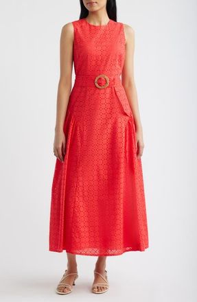 Eliza J Eyelet Belted Sleeveless Maxi Dress in Coral at Nordstrom, Size 14