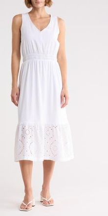 Splendid Embroidered Eyelet Sleeveless Cotton Blend Midi Dress in White at Nordstrom Rack, Size X-Large