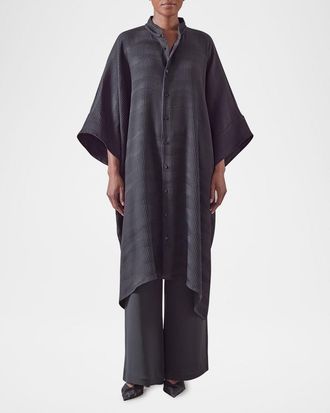 Eskandar Collarless Short-Sleeve Kaftan Shirt (Very Long Length)