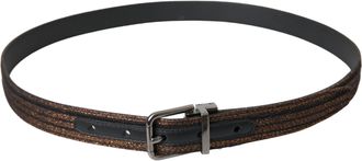 Dolce & Gabbana Womens Gold Jacquard Stripes Silver Metal Buckle Belt Leather