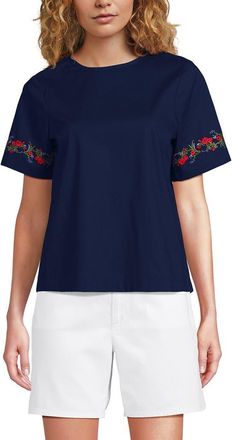 Lands End Poplin Eyelet Back Tie Shirt in Cherry Border/deep Sea Navy at Nordstrom, Size X-Small