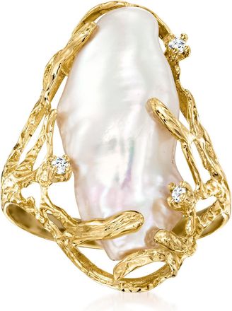 Ross-Simons 10x24mm Cultured Baroque Pearl Ring With Diamond Accents in 14kt Yellow Gold
