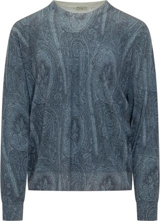 Etro Geborduurde trui van zijdemix - Heren - Ronde hals truien - Blauw - S - Kasjmier - Truien & Vesten
