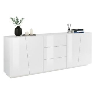 Dmora Aparador Moderno Con 4 Puertas Y 3 Cajones, Made In Italy, Aparador De Cocina, Buffet De Dise&ntilde;o De Sala De Estar, 220x43h86 Cm, Color Blanco Brillante