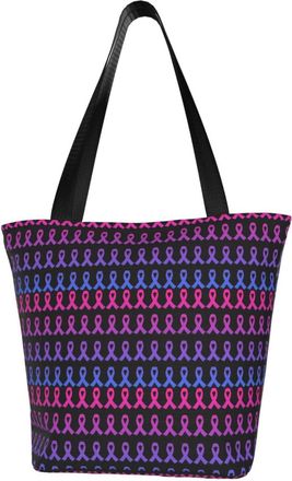 AOOEDM Colourful Cancer Awareness Ribbons Reusable Tote Bag Women Casual Handbag Shoulder Bags for Shopping Groceries Travel Outdoors