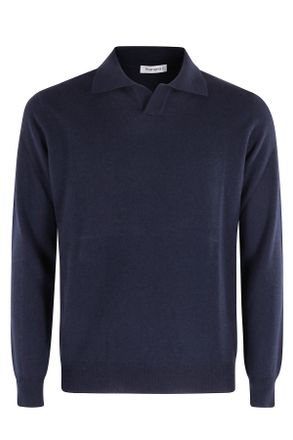 KANGRA Blue Extrafine Merino Wool Skipper Collar Sweater