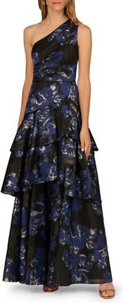 Aidan Mattox Metallic Floral Jacquard One-Shoulder Gown in Navy Multi at Nordstrom, Size 18