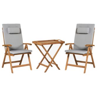 Beliani Beliani - Conjunto De Balc&oacute;n R&uacute;stico De Madera De Acacia Mesa Y 2 Sillas Plegables Cojines Gris Claro Java Premium