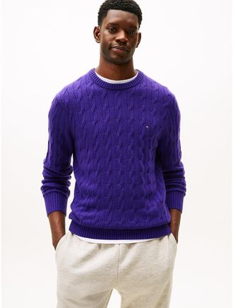 Tommy Hilfiger Mens Lambswool Cable Knit Sweater - Purple - M