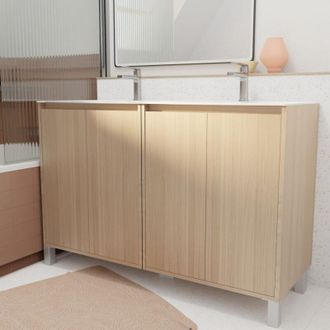 Aurlane Pack Mueble De Ba&ntilde;o 120 Cm Roble Claro 4 Puertas Con Lavabo De Cer&aacute;mica
