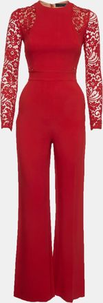Elie Saab Red Stretch Knit And Lace Long Sleeve Jumpsuit