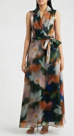Julia Jordan Print Tie Waist Sleeveless Organza Gown in Brown Multi at Nordstrom, Size 10