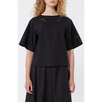 Max Mara Targa Eyelet Cotton Poplin & Jersey Crop Top in Black at Nordstrom, Size X-Small
