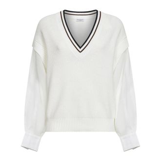 Brunello Cucinelli Brunello Cucinelli, V-neck Knitwear, female, White, Size: M Cotton English rib sweater with organza sleeves