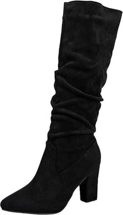 Generic Knee High Boots Women Slouchy Suede Slouch Mid Calf Boots Wide Calf Kitten Heel Pointed Toe Pull On Long Boot Winter Comfortable Casual Work Shoes