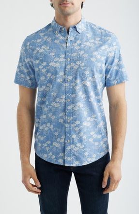 Reyn Spooner Kyoto Spring Floral Short Sleeve Cotton Blend Button-Down Shirt in Riviera Blue at Nordstrom, Size Xx-Large