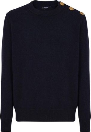 Balmain Geknoopte Kasjmier Trui - Heren - Ronde hals truien - Blauw - M - Kasjmier - Truien & Vesten