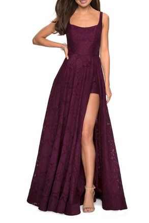 La Femme Long Lace Prom Dress with Attached Shorts in Dark Berry at Nordstrom, Size 4