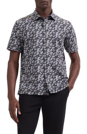 Bugatchi Milo OoohCotton Leaf Print Short Sleeve Button-Up Shirt in Black at Nordstrom, Size Xx-Large
