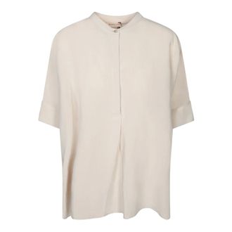 Blanca Vita Beige Linen Mandarin Collar Blouse - female - Blanca Vita - Blouses - Beige - 3XL - Blouses & Shirts