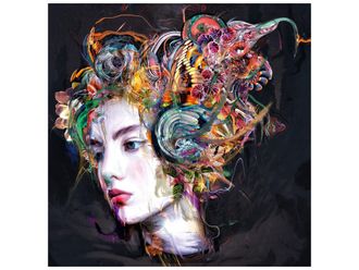 Schubiger M&ouml;bel Digitaldruck auf Glas Portrait mit Verr&uuml;ckter Bunter Per&uuml;cke