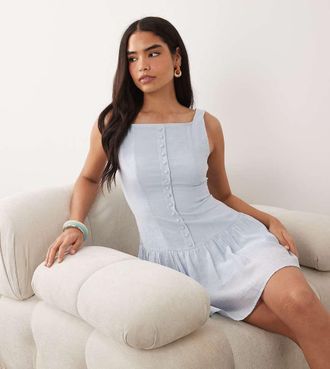 KAIIA Esclusiva Kaiia - Vestito corto a pieghe in misto cotone azzurro con bottoni sul davanti e scollo squadrato-Blu
