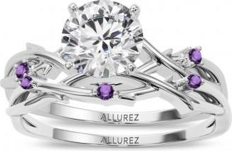 Allurez Round Amethyst Vine Leaf Engagement Ring Bridal Set in Palladium (0.05ct)