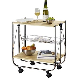 WENKO Carrello da cucina su ruote Dinett Acero, Carrello pieghevole su ruote, Tavolo pieghevole su ruote, mdf - Metallo, 68x70x40,6 cm, Marrone - Cromato