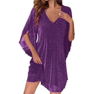 Generic Sequin Sparkly Dress for Women UK 3/4 Sleeve V Neck Mini Dresses Glitter Mesh Cocktail Party Clubwear Homecoming Elegant Prom Dress Ladies Elegant Loo