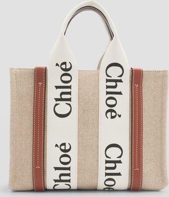 Chloé Woody Small Tote Bag in Linen with Crossbody Strap