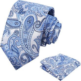 Alizeal Mens Classic Retro Paisley Necktie and Handkerchief for Business Wedding Formal Casual Tie Set, Light Blue
