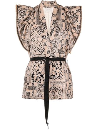 Forte_Forte abstract pattern short-sleeved jacket - women - Cotton - II - Neutrals
