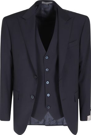 Corneliani Blue Matching Waistcoat Notch Lapel Wool-Blend Suit