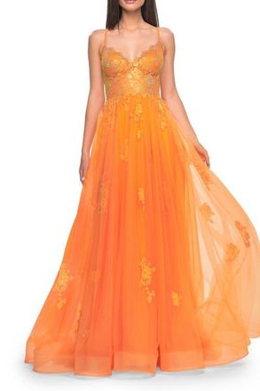 La Femme A-Line Tulle Gown with Scallop Detail Bodice and Lace Applique in Orange at Nordstrom, Size 10