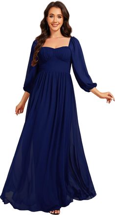 Ever-pretty Women Dress Bridesmaid Maxi Dress Elegant Sweetheart Neck with Lantern Sleeves and High Waist Chiffon Dress Navy Blue 14UK