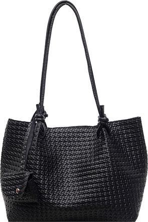 Generic PU Leather Shoulder Bag Casual Tote Handbag Woven Armpit Bag with Purse (Black)