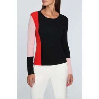 Elie Tahari The Marolo Colorblock Merino Wool Sweater in Noir Hibiscus at Nordstrom, Size Small