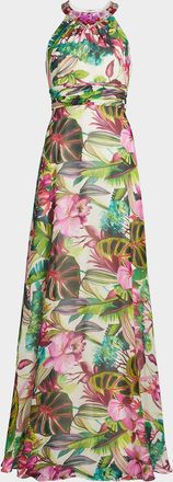 Teri Jon Embellished Floral Chiffon Gown
