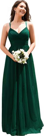 Ever-pretty Women Maxi Bridesmaid Dress Tulle Long V Neck Spaghetti Straps Backless Dark Green 16