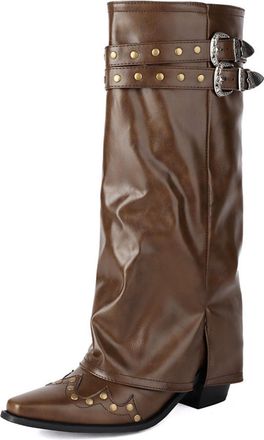 Generic Womens Western Style Slouchy Knee-High Boots PU Leather Studded Decor Double Buckle Straps Side Slit Chunky Block Heels Party Country Casual Shoes,Dar