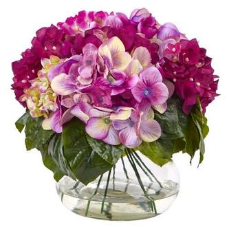 Nearly Natural Multi-Tone Beauty Hydrangea with Round Glass Vase at Nordstrom