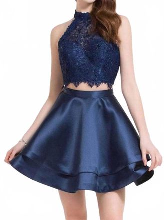 Alyce Paris Two Piece Halter Lace Mikado Cocktail Dress In Midnight